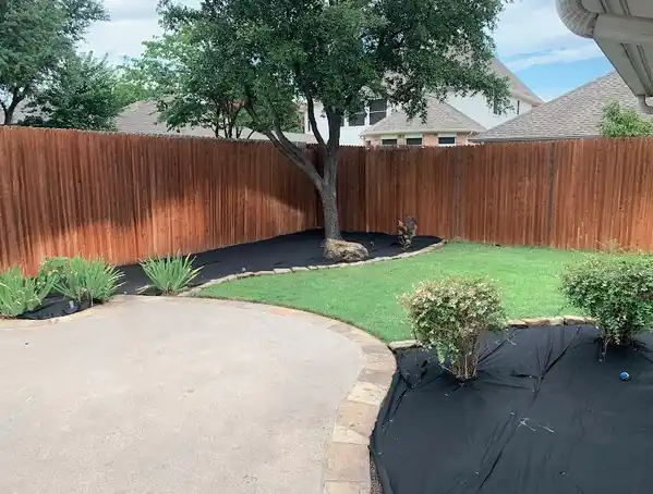 Curved path with weed fabric and new plantings along a cedar fence