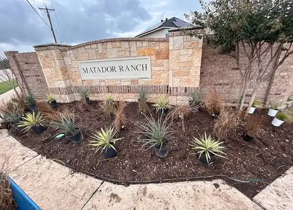 Planting bed at a commercial entrance beside a stone community sign